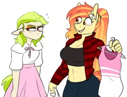 Size: 2092x1586 | Tagged: abs, anthro, artist:redxbacon, clothes, derpibooru import, female, midriff, oc, oc:golden keylime, oc:sunny lane, oc:trash, safe, short shirt, siblings, simple background, sisters, slouching, unofficial characters only, white background