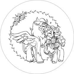 Size: 969x969 | Tagged: safe, artist:isaac-polo, derpibooru import, oc, oc:lucid lullaby, oc:ryder, unofficial characters only, pony, sphinx, unicorn, bouquet, couple, embroidery, flower, no source available, simple background, sketch, white background