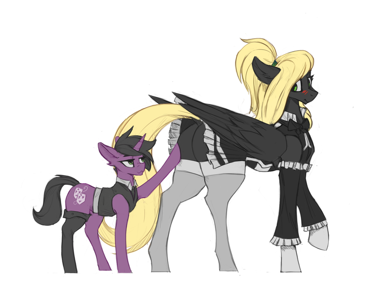 Size: 2376x1873 | Tagged: suggestive, artist:nsilverdraws, derpibooru import, oc, oc:astral moonsyde, oc:veen sundown, unofficial characters only, horse, pegasus, pony, unicorn, blushing, bowtie, butt touch, clothes, dock, duo, duo focus, embarrassed, female, femboy, flustered, hoof on butt, maid, male, mare, ponytail, shy, simple background, size difference, socks, stockings, sundown clan, thigh highs, vest, white background