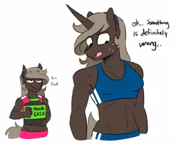 Size: 1225x1032 | Tagged: safe, artist:redxbacon, derpibooru import, oc, oc:parch well, oc:securina, unofficial characters only, anthro, earth pony, unicorn, abs, biceps, breasts, clothes, female, midriff, muscles, muscular female, sexy, siblings, simple background, sisters, sports, sports bra, sweat, white background, workout outfit, worried