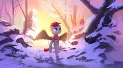 Size: 2951x1657 | Tagged: safe, artist:freeedon, derpibooru import, oc, oc:tan-dreamstiller, pegasus, pony, artificial wings, augmented, clothes, male, scarf, scenery, snow, solo, stallion, tree, wings