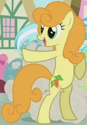 Size: 982x1409 | Tagged: safe, derpibooru import, screencap, carrot top, golden harvest, lyra heartstrings, earth pony, pony, unicorn, the ticket master, background pony, bipedal, cropped, cute, cutie mark, dust cloud, female, mare, solo, standing on two hooves