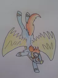 Size: 1920x2560 | Tagged: safe, artist:dragon-flash, derpibooru import, spitfire, pegasus, pony, clothes, female, flying, mare, no pupils, solo, traditional art, uniform, wonderbolts uniform