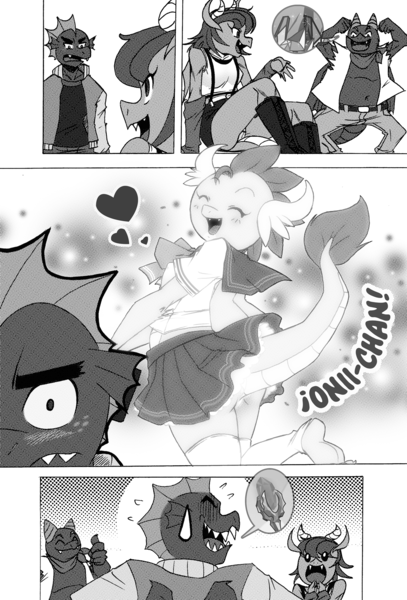 Size: 1500x2213 | Tagged: anthro, artist:boastudio, bloodstone scepter, blushing, bottomless, brother and sister, clothes, clump, comic, comic:hooves & fins, cute, derpibooru import, dragon, dragoness, erect nipples, eyes closed, female, garble, gardorable, grayscale, heart, male, monochrome, nipple outline, no panties, partial nudity, promibetes, prominence, schoolgirl, school uniform, siblings, smolder, smolderbetes, suggestive, sweat, sweatdrop
