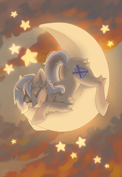 Size: 2245x3253 | Tagged: safe, artist:alkatoster, artist:lapa, derpibooru import, oc, oc:sunlight bolt, pony, unicorn, commission, cute, male, moon, sleeping, solo, stallion, stars, tangible heavenly object, transparent moon, ych result