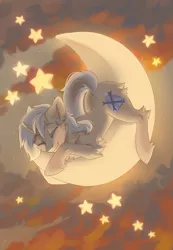 Size: 2245x3253 | Tagged: safe, artist:alkatoster, artist:lapa, derpibooru import, oc, oc:sunlight bolt, pony, unicorn, commission, cute, male, moon, sleeping, solo, stallion, stars, tangible heavenly object, transparent moon, ych result