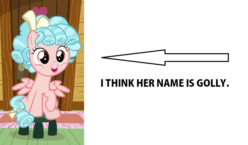 Size: 1218x714 | Tagged: safe, derpibooru import, edit, edited screencap, screencap, cozy glow, pegasus, pony, marks for effort, arrow, caption arrow, female, filly, golly, op is a silly pony, solo