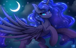 Size: 3126x2000 | Tagged: safe, artist:ask-colorsound, derpibooru import, nightmare moon, princess luna, alicorn, pony, cloud, crescent moon, ethereal mane, female, flying, high res, looking at you, mare, missing accessory, moon, night, night sky, nightmare luna, signature, sky, slit eyes, solo, spread wings, starry mane, starry night, starry tail, wavy mane, wings