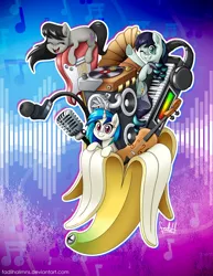 Size: 2700x3500 | Tagged: safe, artist:fadlihalimns, derpibooru import, coloratura, octavia melody, vinyl scratch, earth pony, unicorn, banana, banana peel, eyes closed, food, guitar, headphones, microphone, musical instrument, one eye closed, open mouth, stereo, violin, wub