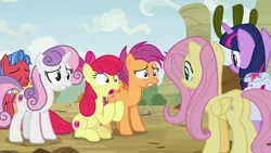 Size: 1920x1080 | Tagged: safe, derpibooru import, screencap, apple bloom, biscuit, fluttershy, scootaloo, sweetie belle, twilight sparkle, alicorn, growing up is hard to do, bag, cutie mark, cutie mark crusaders, flower, older, saddle bag, the cmc's cutie marks, twilight sparkle (alicorn), wishing flower