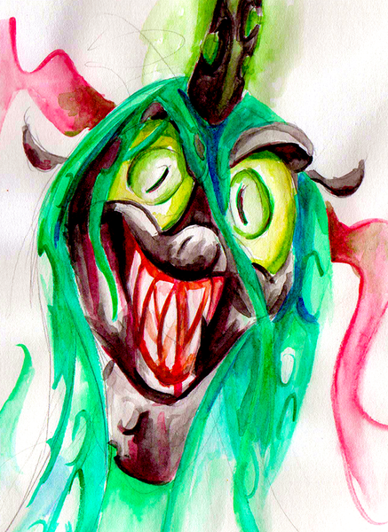 Size: 646x887 | Tagged: artist:typicalgib, bust, creepy, creepy smile, derpibooru import, female, portrait, queen chrysalis, safe, sharp teeth, smiling, solo, teeth, traditional art, watercolor painting