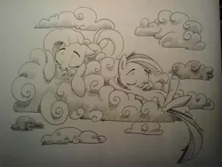 Size: 2048x1536 | Tagged: safe, artist:typicalgib, derpibooru import, fluttershy, rainbow dash, pegasus, pony, cloud, comfy, duo, eyes closed, female, ink drawing, lying on a cloud, mare, monochrome, on a cloud, relaxing, simple background, traditional art, white background