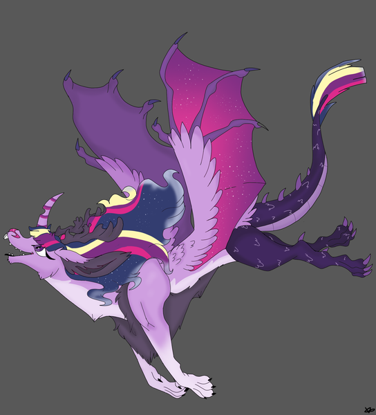 Size: 1808x1995 | Tagged: artist:nightshade2004, derpibooru import, draconequified, draconequus, female, gray background, safe, simple background, solo, species swap, twilight sparkle