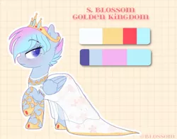 Size: 1262x991 | Tagged: safe, artist:shinningblossom12, derpibooru import, oc, oc:shinning blossom, unofficial characters only, pegasus, pony, base used, blushing, clothes, dress, female, hoof shoes, jewelry, mare, pegasus oc, raised hoof, reference sheet, solo, tiara, wings