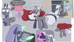 Size: 2275x1304 | Tagged: safe, artist:another_pony, derpibooru import, cozy glow, princess twilight 2.0, twilight sparkle, twilight sparkle (alicorn), oc, oc:grey acolyte, alicorn, earth pony, pony, unicorn, the last problem, bust, cape, clothes, dialogue, earth pony oc, horn, levitation, magic, portrait, red cape, speech bubble, telekinesis, unicorn oc, wind, windswept mane, writing