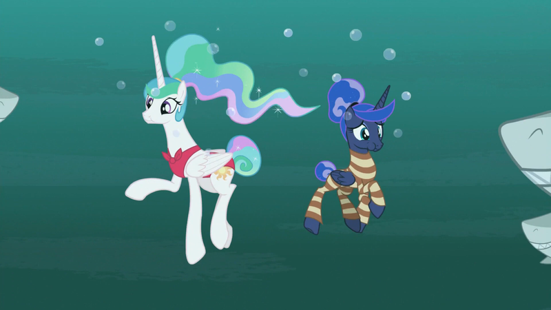 Size: 1920x1080 | Tagged: safe, derpibooru import, screencap, princess celestia, princess luna, alicorn, great white shark, pony, shark, between dark and dawn, alternate hairstyle, barehoof, bikini, bubble, clothes, fangs, female, hair bun, holding breath, hungry, mare, ponytail, red swimsuit, royal sisters, sharp teeth, siblings, sisters, striped swimsuit, swimming, swimsuit, tail bun, teeth, underwater