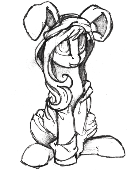 Size: 1021x1403 | Tagged: safe, artist:intfighter, derpibooru import, oc, unofficial characters only, earth pony, pony, animal costume, bunny costume, clothes, costume, earth pony oc, lineart, monochrome, solo, traditional art