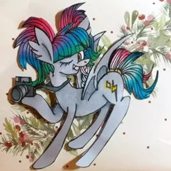 Size: 1398x1398 | Tagged: safe, artist:twilightcomet, derpibooru import, oc, oc:flicker flash, unofficial characters only, bat pony, pony, bat pony oc, bat wings, camera, female, mare, one eye closed, smiling, solo, traditional art, wings, wink