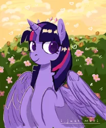 Size: 896x1080 | Tagged: safe, artist:marichan29, derpibooru import, twilight sparkle, twilight sparkle (alicorn), alicorn, pony, colored pupils, crown, cute, female, flower, heart, heart eyes, jewelry, mare, regalia, solo, twiabetes, wingding eyes