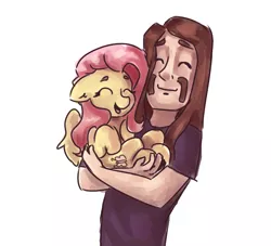 Size: 1100x1000 | Tagged: safe, artist:mannybcadavera, derpibooru import, fluttershy, human, pegasus, pony, crossover, duo, eyes closed, female, floppy ears, holding, holding a pony, hooves to the chest, male, mare, metalocalypse, open mouth, simple background, smiling, toki wartooth, white background, wings