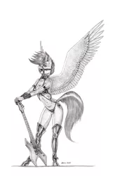 Size: 1350x1974 | Tagged: suggestive, artist:baron engel, derpibooru import, scootaloo, anthro, pegasus, armband, boots, bra, breasts, bridle, clothes, collar, female, guitar, harness, image, jpeg, leather, leather boots, monochrome, musical instrument, older, older scootaloo, panties, pencil drawing, shoes, solo, tack, thigh boots, thong, traditional art, underwear, wristband