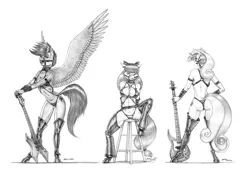 Size: 2668x1844 | Tagged: suggestive, artist:baron engel, derpibooru import, apple bloom, scootaloo, sweetie belle, anthro, earth pony, pegasus, unguligrade anthro, unicorn, apple bloom's bow, armband, assless chaps, bass guitar, belt, boots, bow, bra, breasts, bridle, busty apple bloom, butt, cleavage, clothes, collar, cutie mark crusaders, electric guitar, female, gloves, grayscale, guitar, hair bow, harness, image, jpeg, leather, leather boots, long gloves, looking at you, looking back, looking back at you, looking over shoulder, monochrome, musical instrument, older, older apple bloom, older scootaloo, older sweetie belle, panties, pencil drawing, rear view, shoes, simple background, stupid sexy apple bloom, suggestive as fuck, sweetie butt, tack, thigh boots, thong, traditional art, underwear, white background, wristband