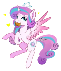 Size: 1024x1196 | Tagged: safe, artist:lailyren, derpibooru import, princess flurry heart, alicorn, pony, colored wings, crown, cute, female, flurrybetes, food, fritter, heart, jewelry, mare, multicolored wings, nom, older, older flurry heart, regalia, signature, simple background, smiling, solo, spread wings, transparent background, wings