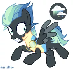 Size: 1913x1818 | Tagged: safe, artist:picasu, derpibooru import, oc, oc:stellar clouds, unofficial characters only, pegasus, pony, clothes, female, flying, freckles, goggles, gritted teeth, mare, raised hoof, raised leg, simple background, solo, uniform, white background, wonderbolt trainee uniform, wonderbolts