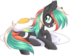 Size: 2776x2160 | Tagged: safe, artist:lazuli, derpibooru import, oc, oc:eliza skyler, unofficial characters only, bat pony, pony, base used, bat ponified, bat pony oc, bat wings, blushing, commission, ear piercing, earring, egg, female, grin, jewelry, lying down, mare, micro, piercing, plate, race swap, simple background, smiling, solo, transparent background, wings, ych result