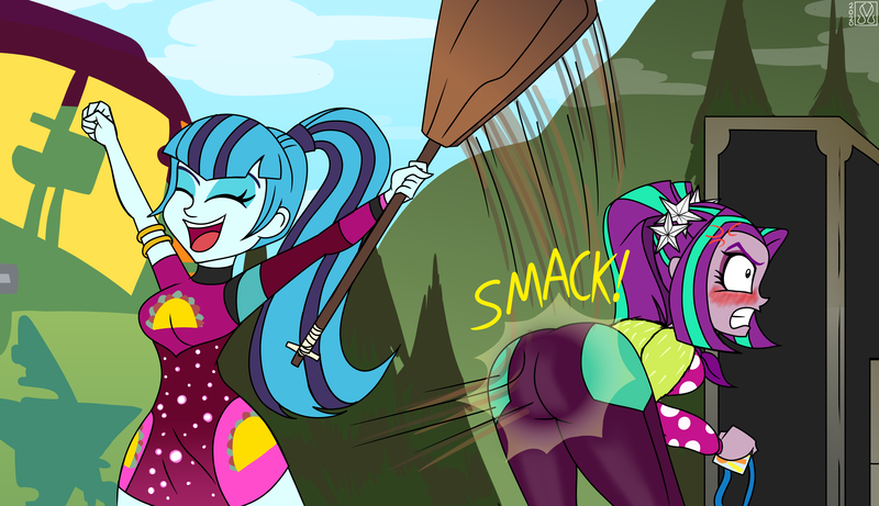 Size: 2500x1440 | Tagged: suggestive, artist:malevolentsamson, derpibooru import, aria blaze, sonata dusk, equestria girls, equestria girls series, sunset's backstage pass!, spoiler:eqg series (season 2), accidental spanking, angry, aria blaze is not amused, ariabetes, arse-ia blaze, ass, blushing, breasts, butt, cute, embarrassed, eyes closed, female, gritted teeth, minidress, oops, open mouth, paddle, ponytail, smiling, sonatabetes, spanking, starswirl music festival, taco dress, this will end in pain and/or death, this will not end well, uh oh, unamused