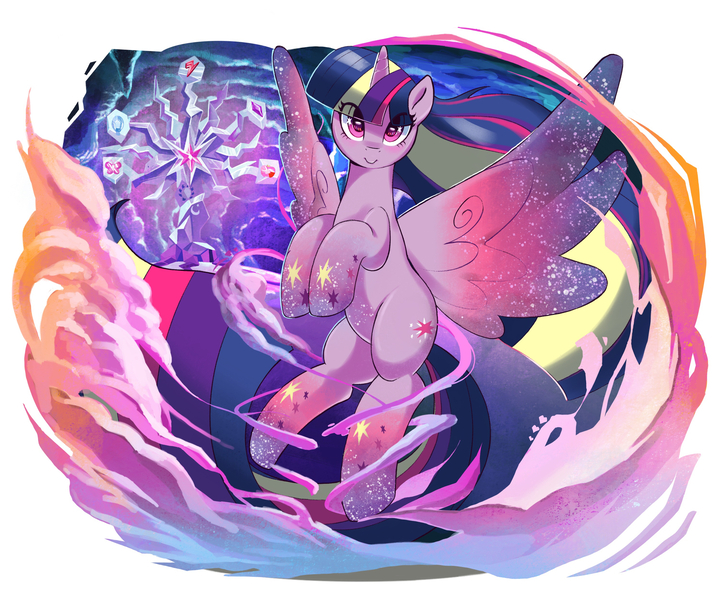 Size: 3000x2500 | Tagged: safe, artist:tya, derpibooru import, tree of harmony, twilight sparkle, twilight sparkle (alicorn), alicorn, pony, cloud, colored wings, cutie mark eyes, element of generosity, element of honesty, element of kindness, element of laughter, element of loyalty, element of magic, elements of harmony, eye clipping through hair, female, high res, mare, multicolored wings, pixiv, rainbow power, solo, wingding eyes, wings