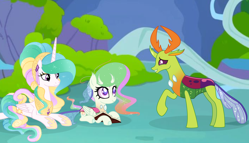 Size: 4922x2842 | Tagged: safe, artist:galaxyswirlsyt, derpibooru import, princess celestia, thorax, oc, oc:flosun pollen, changedling, changeling, changepony, hybrid, pony, base used, book, family, interspecies offspring, king thorax, offspring, parent:princess celestia, parent:thorax, parents:thoralestia, prone