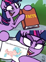 Size: 760x1015 | Tagged: safe, artist:frownfactory, artist:quarium edits, derpibooru import, edit, cozy glow, twilight sparkle, twilight sparkle (alicorn), alicorn, pegasus, pony, marks for effort, 2 panel comic, bellyrubs, caption, comic, cozybetes, cute, cutie mark, ed edd n eddy, exploitable, exploitable meme, eyes closed, female, filly, image macro, mare, meme, simple background, smiling, text, twilight's fact book, wings