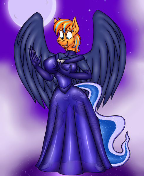 Size: 2153x2635 | Tagged: suggestive, artist:vladiverse, derpibooru import, princess luna, oc, oc:cold front, alicorn, anthro, pegasus, unguligrade anthro, bra, breasts, busty princess luna, choker, clothes, cloud, commission, dream, dress, evening gloves, female, fishnets, garter belt, gloves, grope, head swap, high heels, image, long gloves, moon, panties, pegasus oc, png, see-through, shoes, smiling, underwear, wings