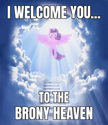 Size: 1384x1600 | Tagged: safe, derpibooru import, edit, twilight sparkle, twilight sparkle (alicorn), alicorn, pony, the ending of the end, a man can dream, beautiful, brony heaven, bronybait, caption, cloud, cozy, divine, female, floating, game over, good end, heaven, horn, image macro, kingdom of heaven, light, looking at you, mare, meme, reality sucks, rest in peace, scenery, sky, smiling, smiling at you, solo, spread hooves, spread wings, sun ray, text, welcome, wind, windswept mane, wings
