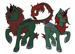 Size: 1800x1300 | Tagged: safe, artist:inanimatelotus, derpibooru import, spike, oc, oc:herbal remedy, dragon, kirin, barb, cloven hooves, duo, fluffy, headcanon, lore, male and female, mane, rule 63, scales, simple background, white background