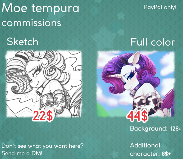 Size: 614x534 | Tagged: safe, artist:moetempura, derpibooru import, rarity, cow, semi-anthro, unicorn, advertisement, bell, bell collar, collar, commission info, cowprint, eyeshadow, makeup, price list, price sheet, raricow, species swap