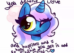 Size: 1024x742 | Tagged: safe, alternate version, artist:iloveehlm, derpibooru import, oc, oc:fleurbelle, alicorn, pony, adorabelle, alicorn oc, bow, cute, encouragement, female, hair bow, horn, mare, one eye closed, positive ponies, speechless, wings, wink, winking at you