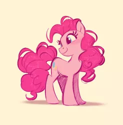 Size: 1200x1219 | Tagged: safe, artist:imalou, derpibooru import, pinkie pie, earth pony, pony, blushing, cute, diapinkes, female, happy, head tilt, looking back, mare, shadow, simple background, smiling, solo, tan background