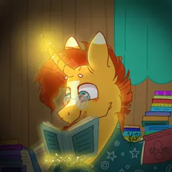 Size: 768x768 | Tagged: safe, artist:valkiria, derpibooru import, sunburst, unicorn, beard, blanket, blushing, book, curtains, cute, ear fluff, facial hair, fluffy, glasses, glowing horn, happy, horn, magic, messy mane, reading, reading a book, smiling, stars