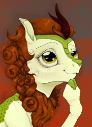 Size: 1024x1413 | Tagged: safe, artist:rachelmacready, derpibooru import, autumn blaze, kirin, female, mixed media, smiling, solo