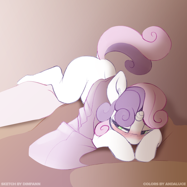 Size: 2000x2000 | Tagged: suggestive, artist:andaluce, artist:dimfann, color edit, derpibooru import, edit, sweetie belle, pony, unicorn, bed, blank flank, blushing, butt, colored, female, filly, implied foalcon, morning ponies, plot, solo, underage