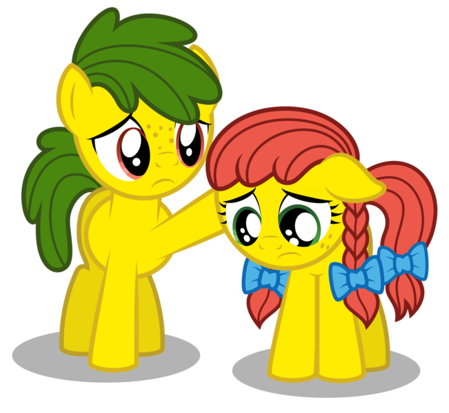 Size: 1280x1180 | Tagged: safe, artist:aleximusprime, derpibooru import, oc, oc:annie smith, oc:apple chip, earth pony, apple twins, bow, brother and sister, cheering up, comforting, depressed, female, freckles, male, miserable, offspring, parent:applejack, parents:texjack, parent:tex, pigtails, sad, siblings, simple background, transparent background, twins