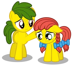 Size: 1280x1180 | Tagged: safe, artist:aleximusprime, derpibooru import, oc, oc:annie smith, oc:apple chip, earth pony, apple twins, bow, brother and sister, cheering up, comforting, depressed, female, freckles, male, miserable, offspring, parent:applejack, parents:texjack, parent:tex, pigtails, sad, siblings, simple background, transparent background, twins