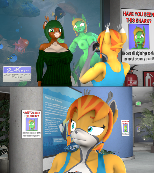 Size: 3840x4323 | Tagged: questionable, artist:dongly12, derpibooru import, oc, oc:fireberry, oc:sealeaf, oc:tea tree, anthro, deer, fish, octopus, original species, plantigrade anthro, shark, shark pony, 3d, anthro oc, aquarium, big breasts, boob squish, breasts, bubble, camera, cleavage, clothes, concerned, cute, cute little fangs, deer oc, exhibitionism, fangs, female, females only, mother and child, mother and daughter, nipples, nudity, photobomb, public nudity, revamped anthros, source filmmaker, sweater, this will end in jail time, tongue out, wanted poster