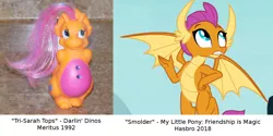 Size: 1500x750 | Tagged: safe, derpibooru import, screencap, smolder, dinosaur, dragon, reptile, triceratops, comparison, darlin' dinos, female, hand on hip, irl, looking up, photo, text, toy, tri-sarah tops