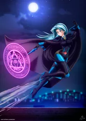 Size: 4128x5790 | Tagged: safe, alternate version, artist:mauroz, derpibooru import, trixie, human, anime, bodysuit, cape, city, cloak, clothes, female, futhark, hat, humanized, magic, magician outfit, magic wand, moon, night, runes, solo