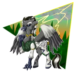 Size: 1024x1024 | Tagged: safe, artist:ghouleh, derpibooru import, oc, oc:izulu musa, unofficial characters only, gryphon, hippogriff, hybrid, pony, zebra, clothes, jewelry, lightning, male, scales, scar, simple background, stallion, stripes, transparent background, tree, vest, zerb