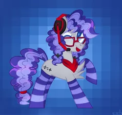 Size: 2047x1932 | Tagged: safe, artist:n in a, derpibooru import, oc, oc:cinnabyte, unofficial characters only, earth pony, pony, :p, adorkable, bandana, chest fluff, clothes, cute, dork, gaming headset, glasses, headphones, headset, one eye closed, smiling, socks, striped socks, tongue out, wink