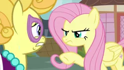 Size: 1280x720 | Tagged: safe, derpibooru import, screencap, fluttershy, lemon chiffon, earth pony, pegasus, pony, fame and misfortune, angry, duo, female, mare, sweat